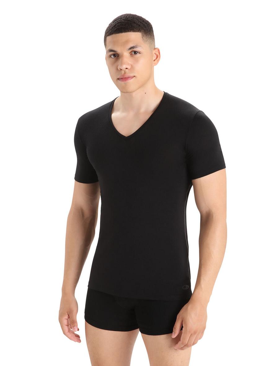 Bielizny Icebreaker Merino Anatomica Krótkie Sleeve V Neck T-Shirt Męskie Czarne | PL 1652WNBY